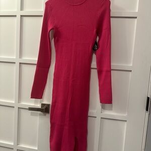 Elegant Cute Pink Ribbed Knit Sweater Dress